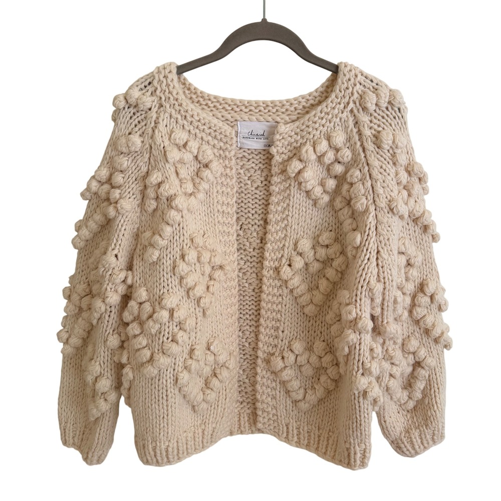 Chicwish Cream Heart Pom Pom Hand Knit Chunky Wool Blend Open‎ Front Cardigan